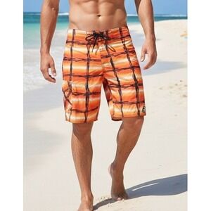Laguna Caleb Rose Board Shorts Mens Drawstring Checked Orange Swim Trunks Size M